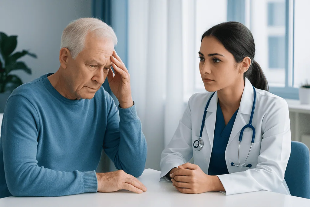 Older man consulting with a doctor about memory issues in a clinical setting.
