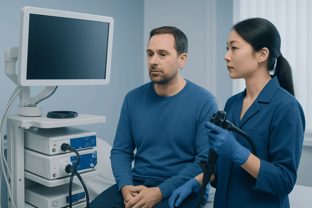 Doctor performing an endoscopy procedure on a male patient in a clinical setting.