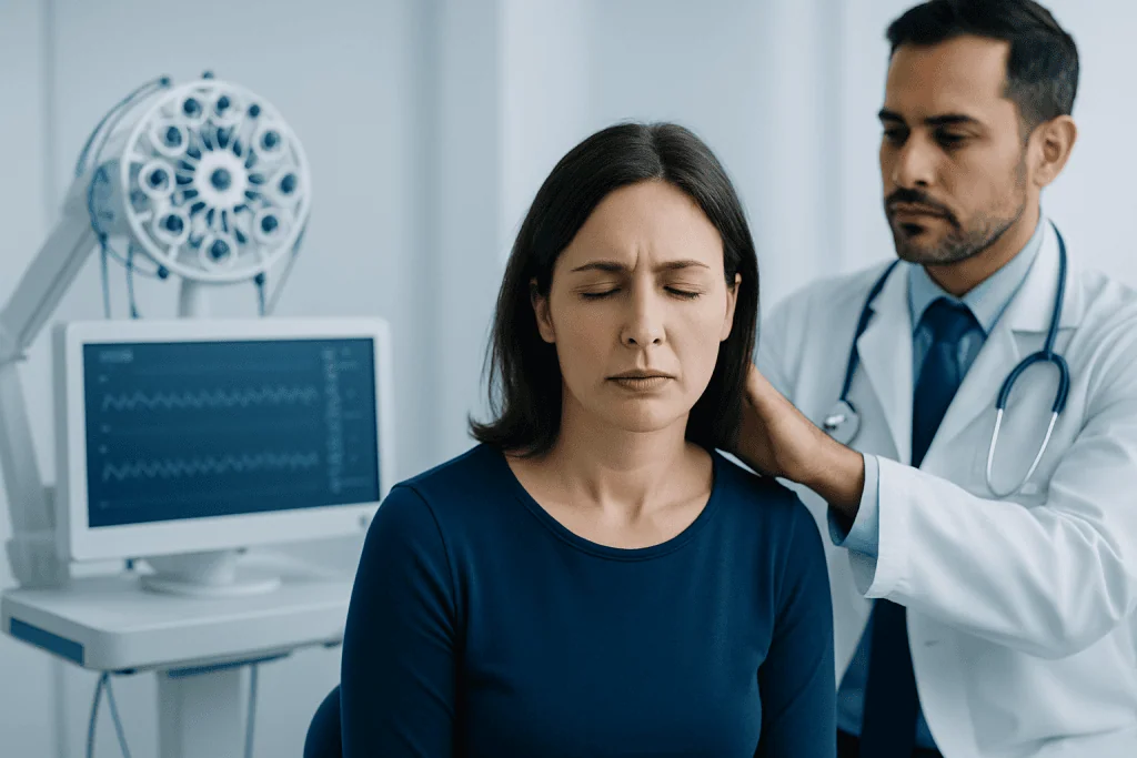 Doctor examining a woman with dizziness symptoms in a medical clinic.
