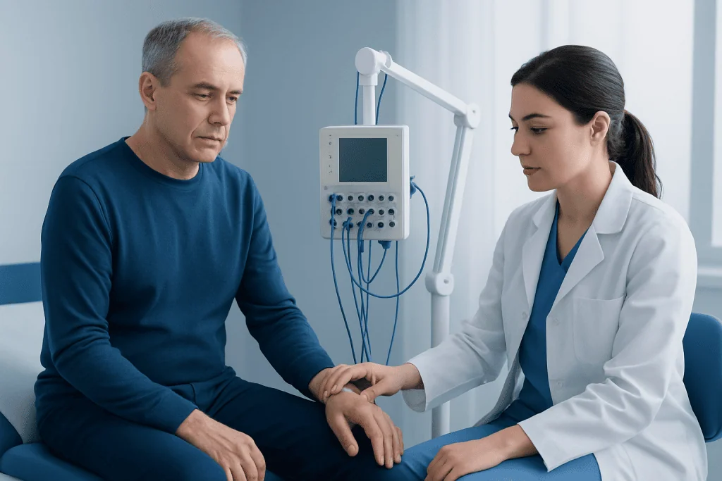 Doctor examining patient's hand in neuromuscular assessment at Acibadem Hospital.