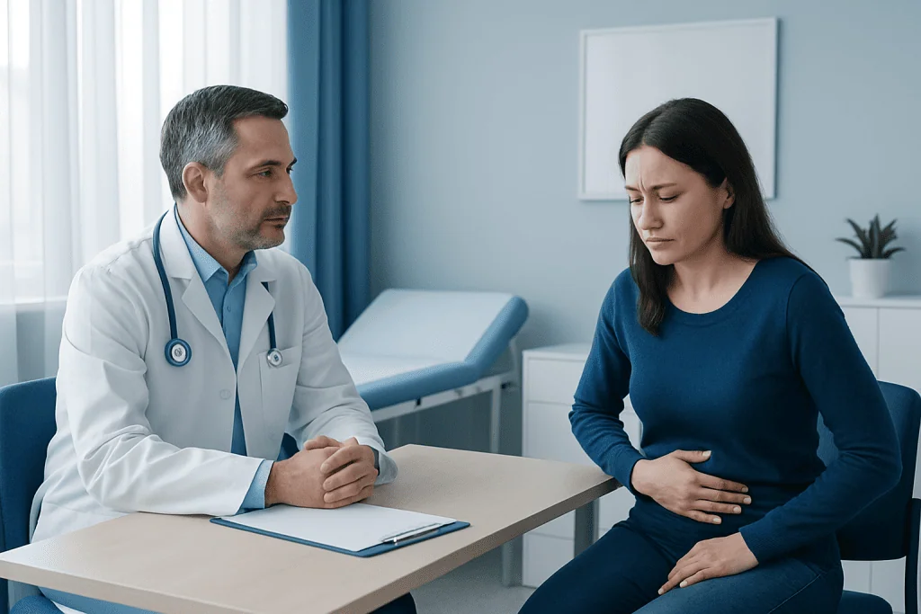 Doctor consulting a woman with stomach pain in a medical office.