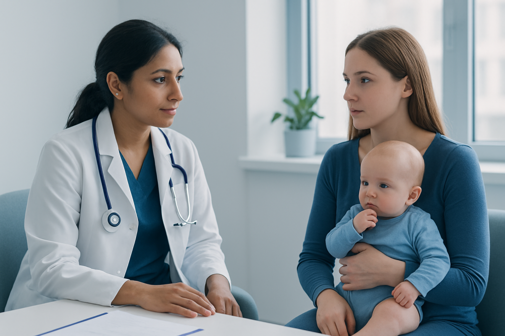Doctor consulting with mother and baby in a hospital setting.