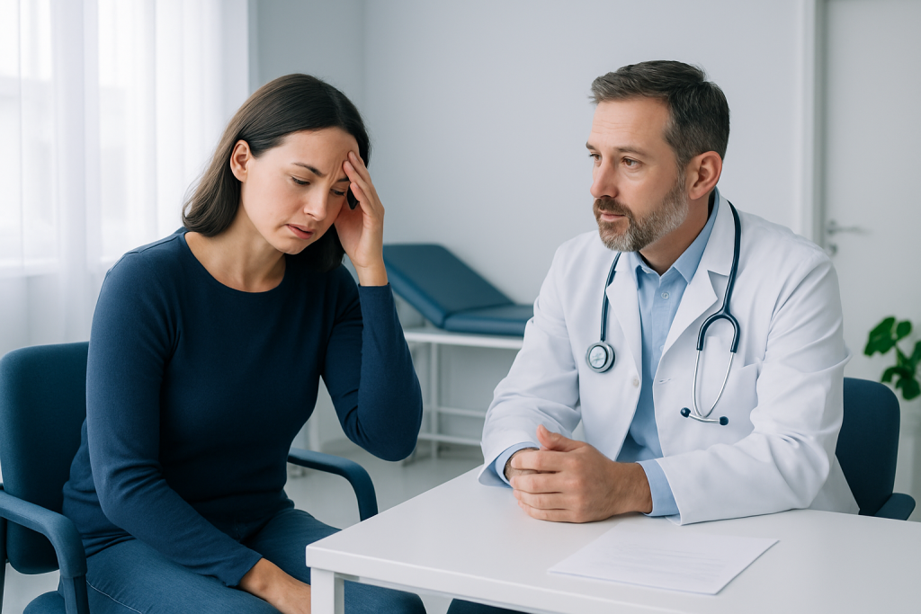 Woman consulting with doctor about health concerns in a medical office.