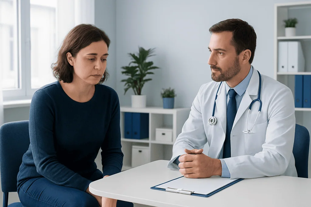 Doctor consulting with a woman in a medical office setting.