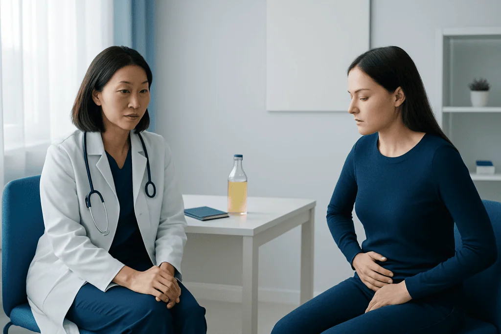 Doctor consulting a patient about urinary health in a clinical setting.