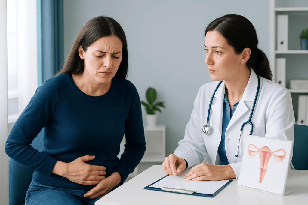 Woman with abdominal pain consulting a gynecologist in a medical office.
