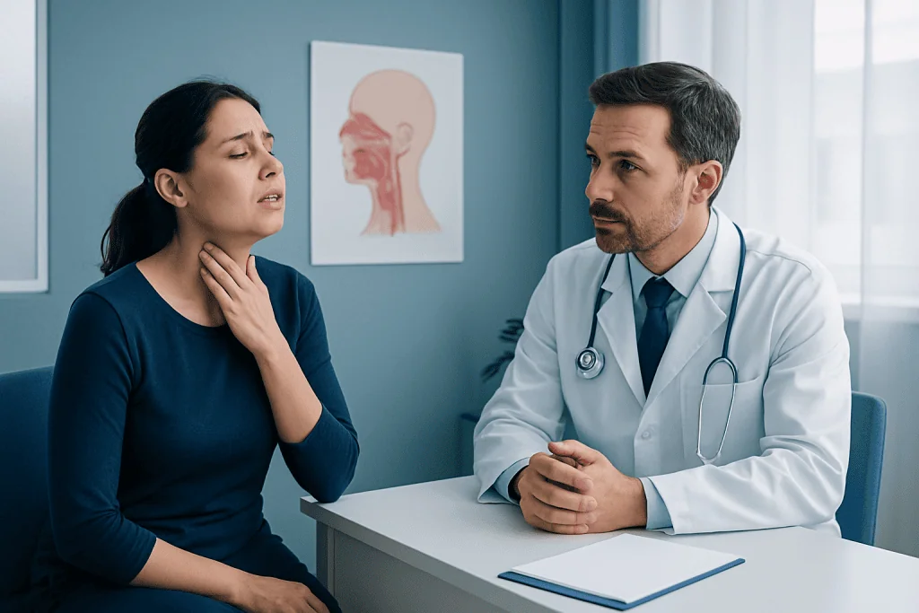 Doctor examining a woman with throat discomfort in a medical consultation.