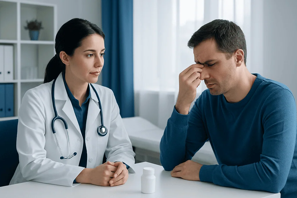 Doctor consulting with a patient about sinus infection treatment options.