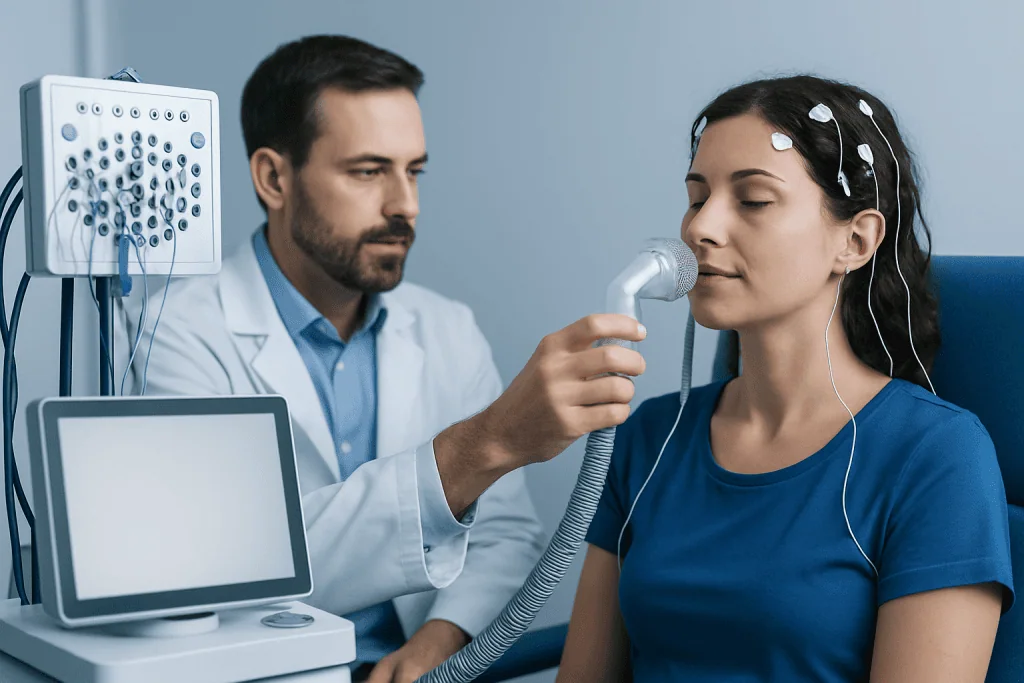 Doctor performs sleep study test on patient with sleep apnea symptoms.