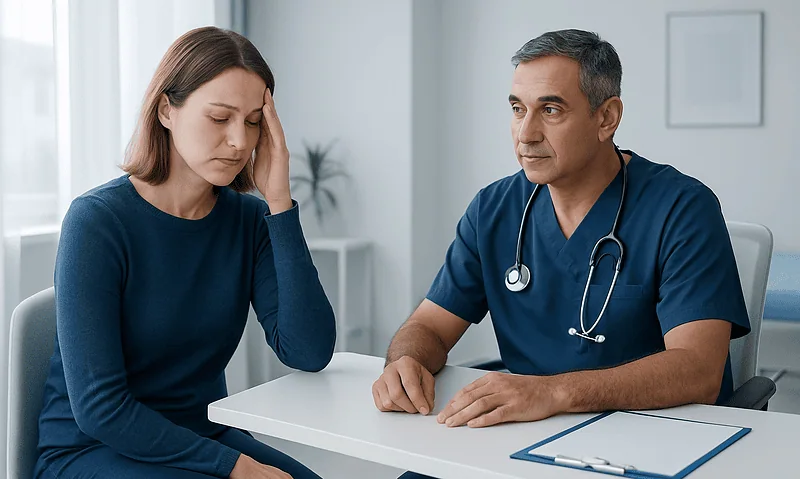 Patient consulting with doctor about health concerns in a medical office.