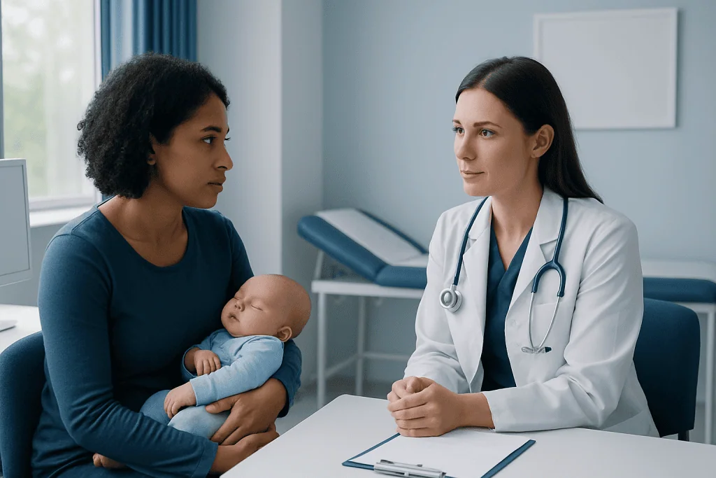 Doctor consulting with mother and baby in a hospital setting.