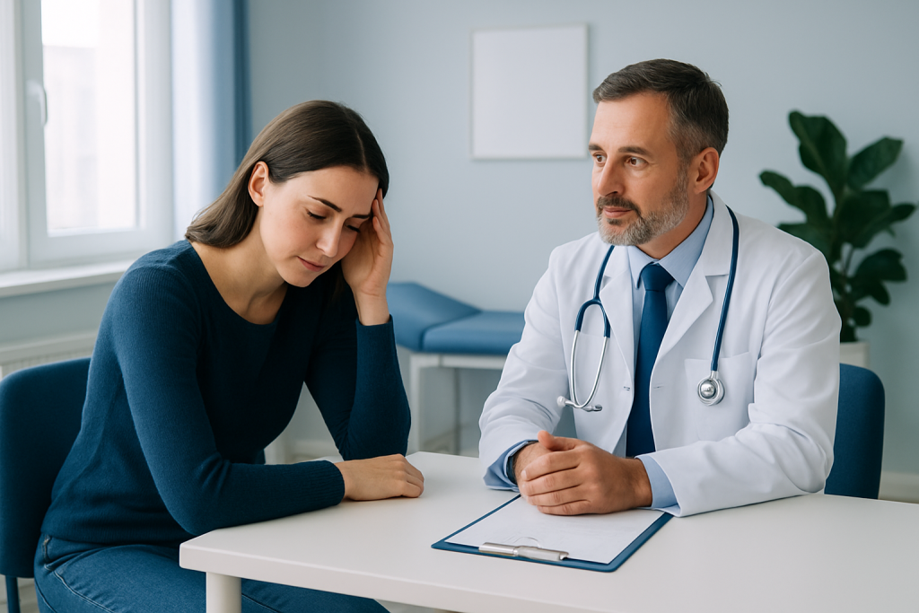 Doctor consulting with a young woman in a medical office setting.