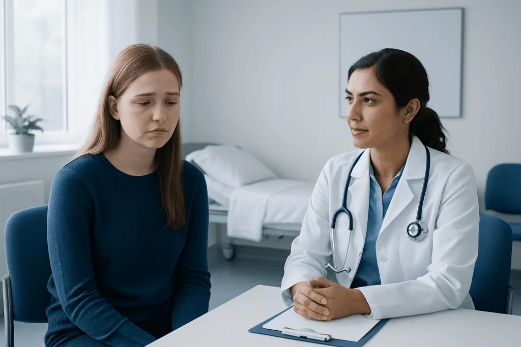 Doctor consulting with a young woman in a hospital room.