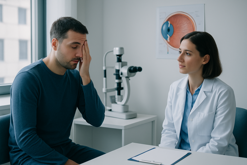 Patient consulting with ophthalmologist about eye health and vision issues.