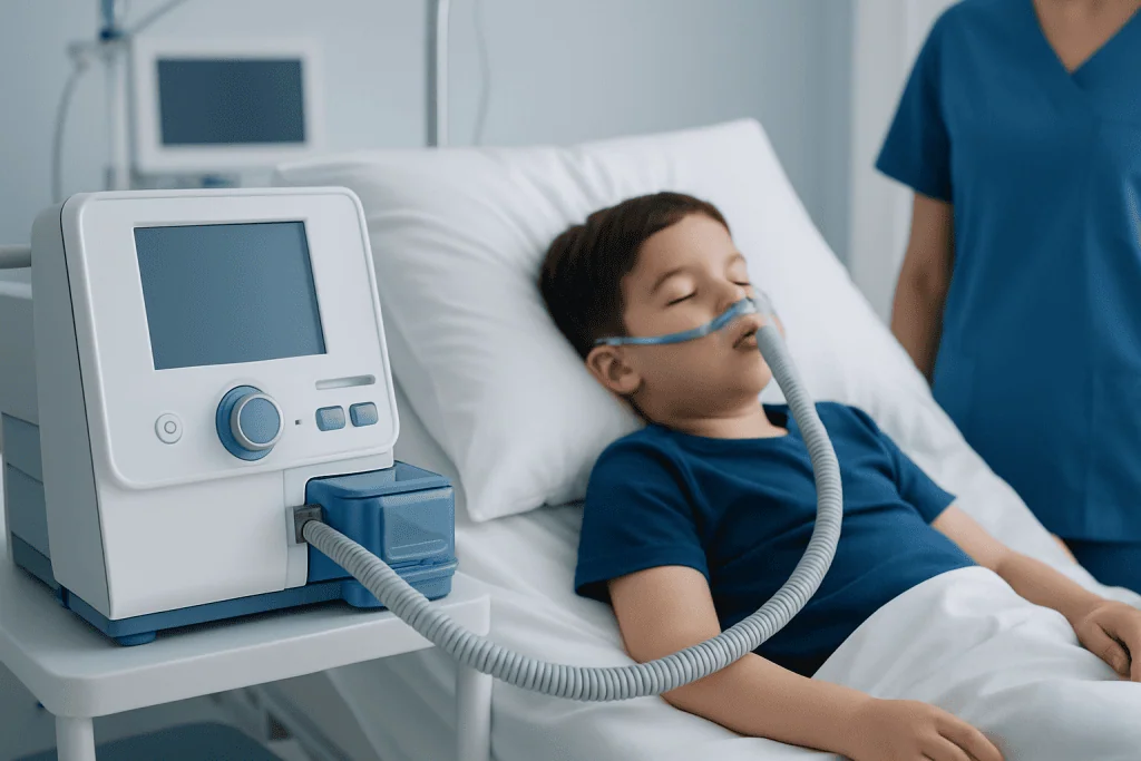 Child undergoing sleep study for sleep apnea at Acibadem Hospital.