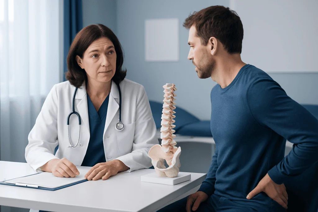 Doctor explaining spinal anatomy to patient in a medical consultation.