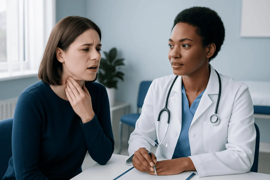 Doctor consulting with a patient about sore throat symptoms.