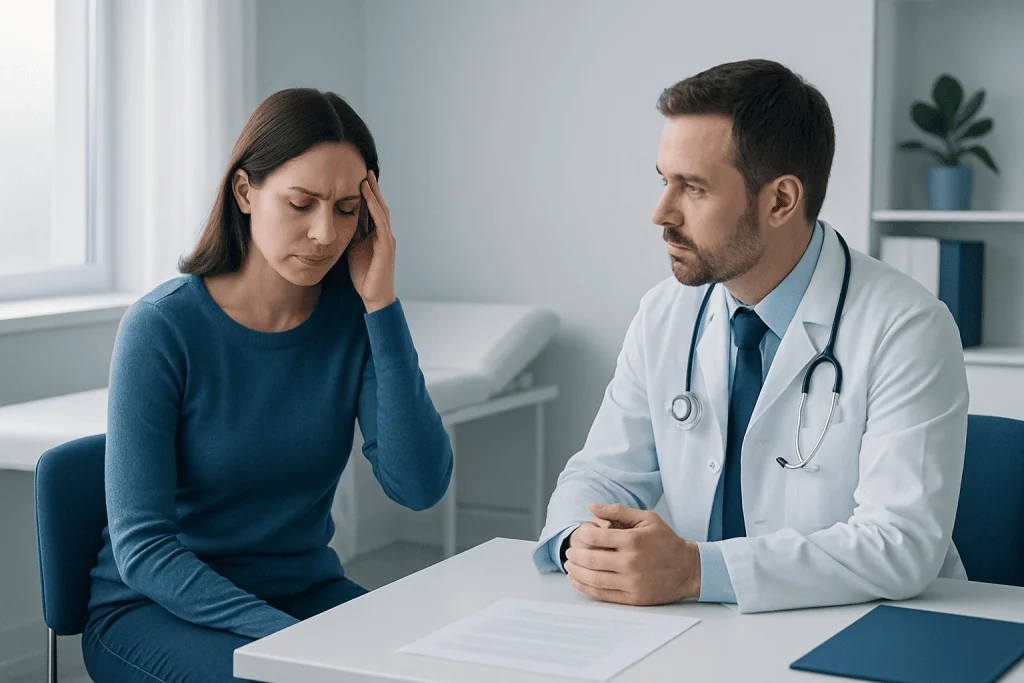 Woman experiencing vertigo consults with doctor in a clinical setting.