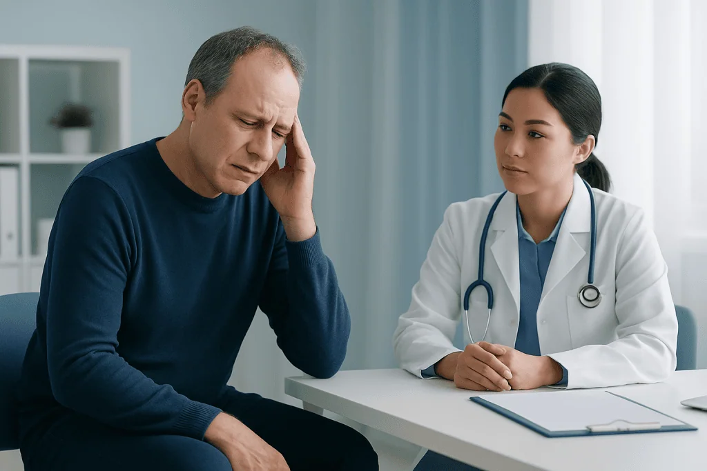 Patient consulting with a doctor about stroke symptoms in a hospital setting.