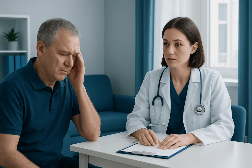 Doctor consulting with a patient about stroke symptoms and treatment options.