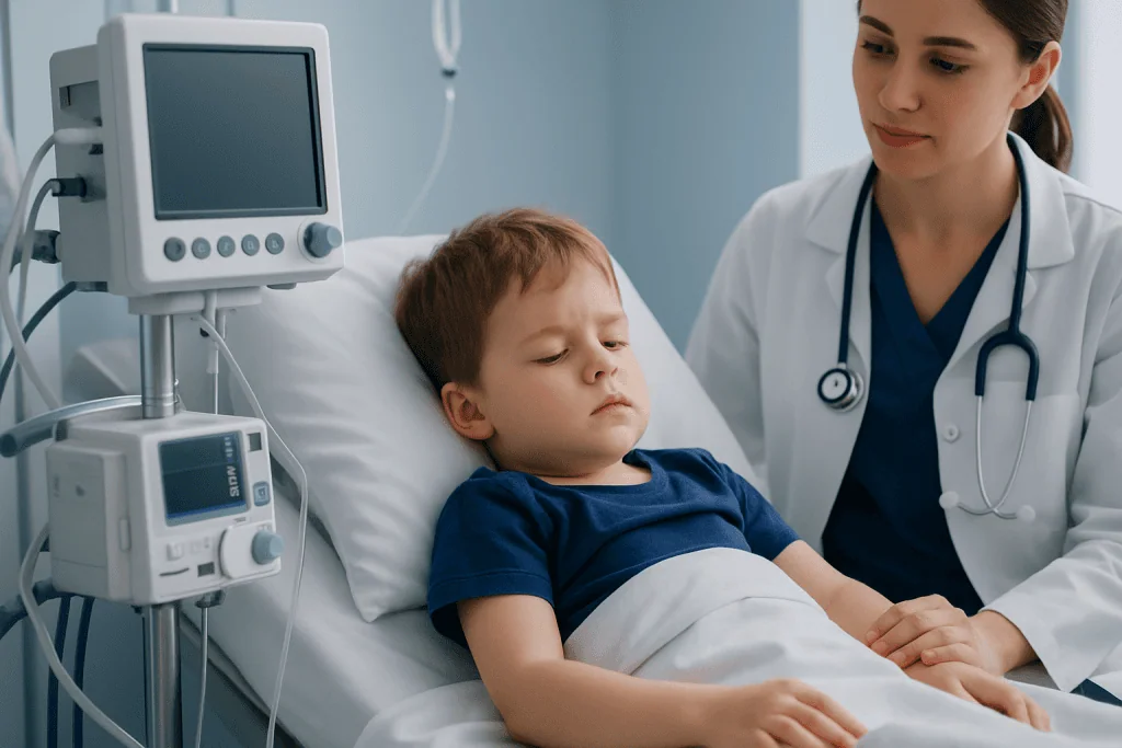 Child patient in hospital bed with doctor monitoring vital signs.