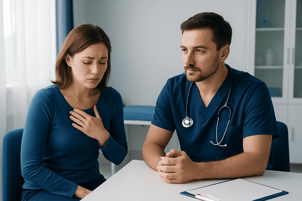 Concerned woman consulting with doctor about health symptoms.