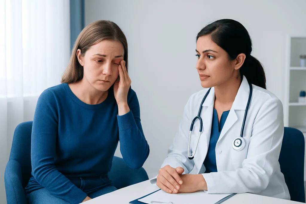 Woman with eye discomfort consulting a doctor in a medical office.