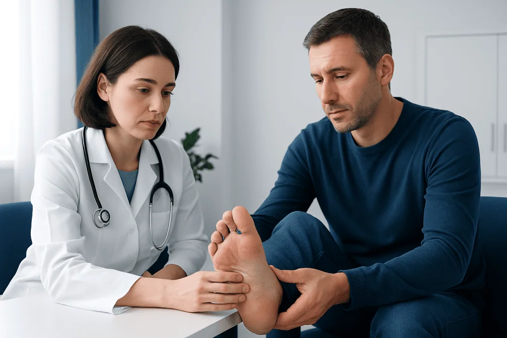 Doctor examining patient's foot for athlete's foot symptoms.