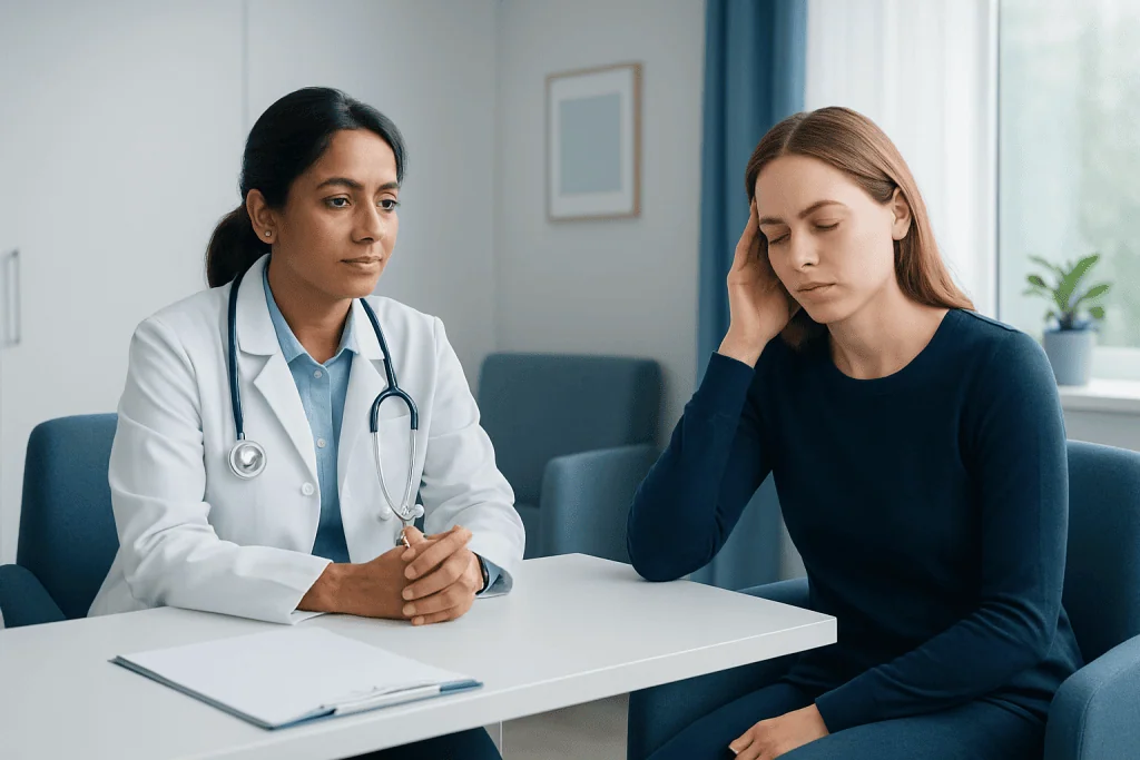 Doctor consulting with a young woman in a medical office setting.