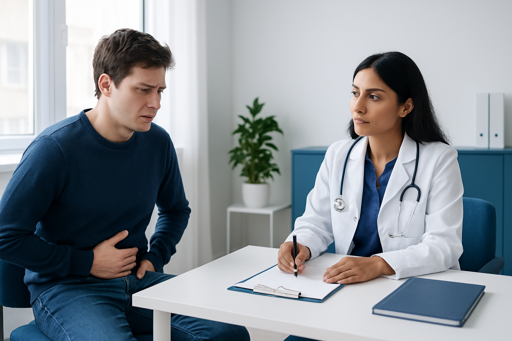 Patient consulting with a doctor about abdominal pain in a medical office.