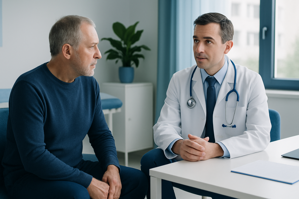 Doctor consulting with an older male patient in a medical office.