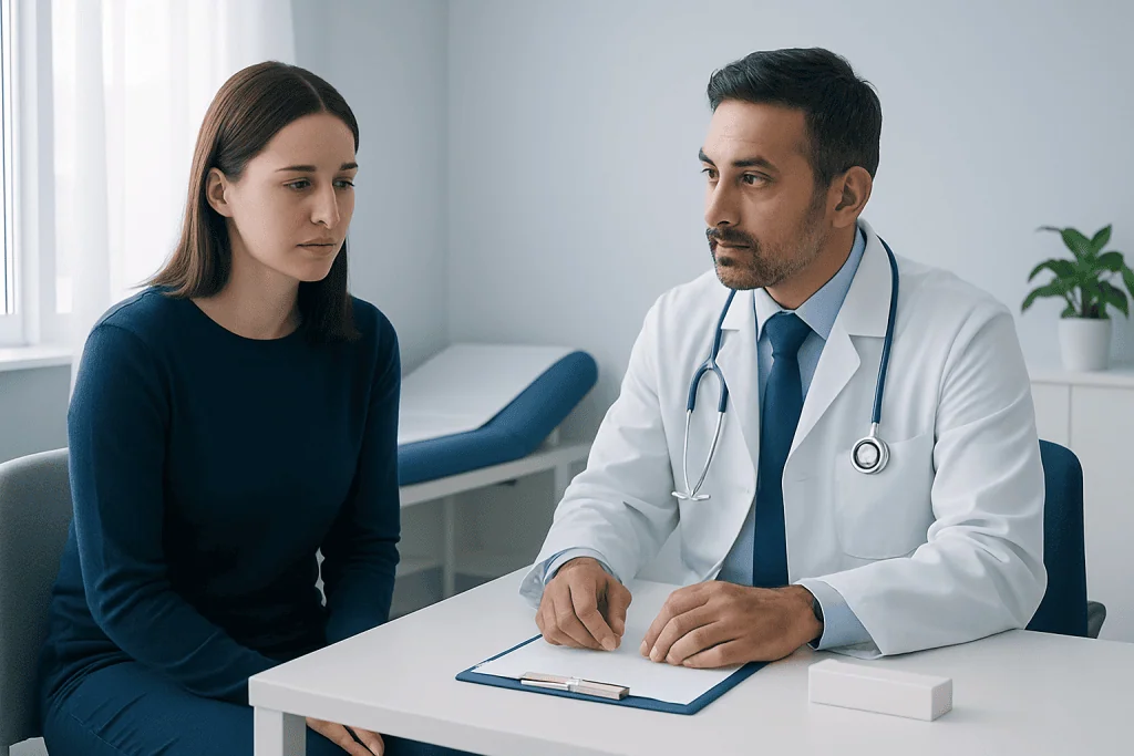 Doctor consulting with a female patient in a medical office.
