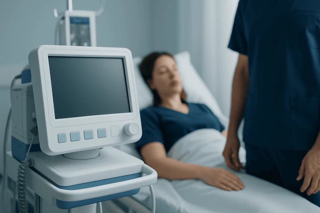 Hospital patient monitor in a medical room with a patient and healthcare professional.