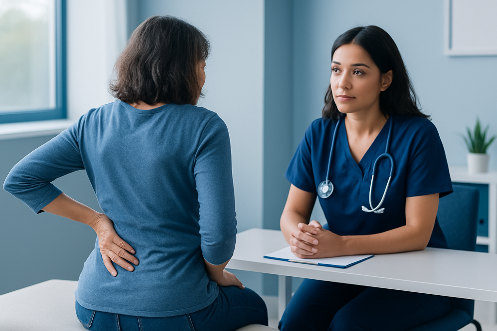 Doctor consulting with a patient about back pain in a medical office.