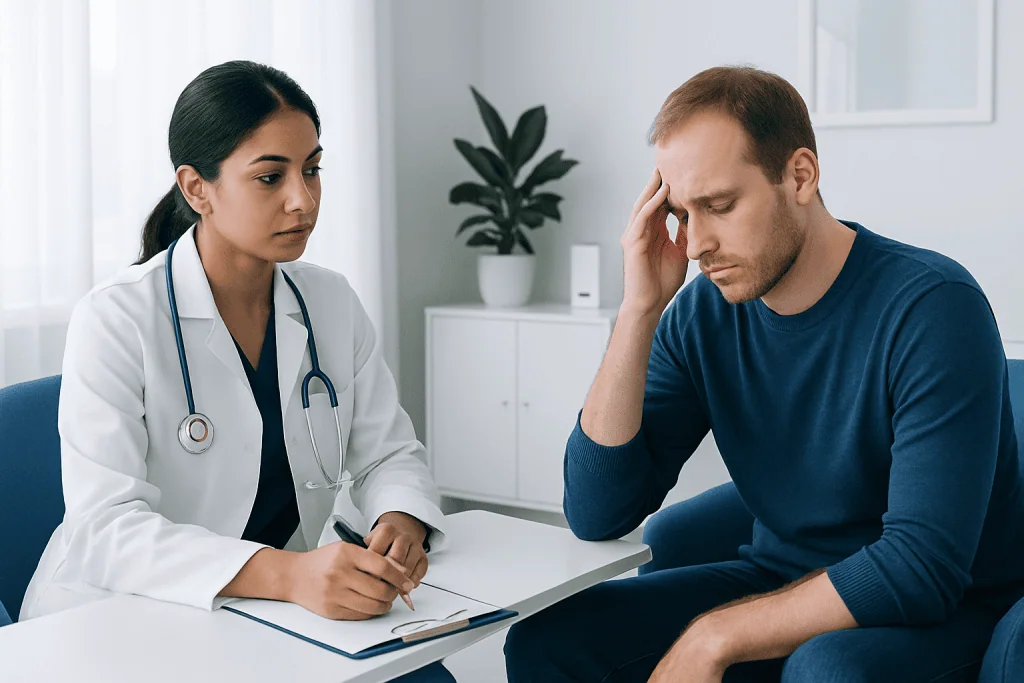 Doctor consulting with a patient about health concerns in a clinic setting.
