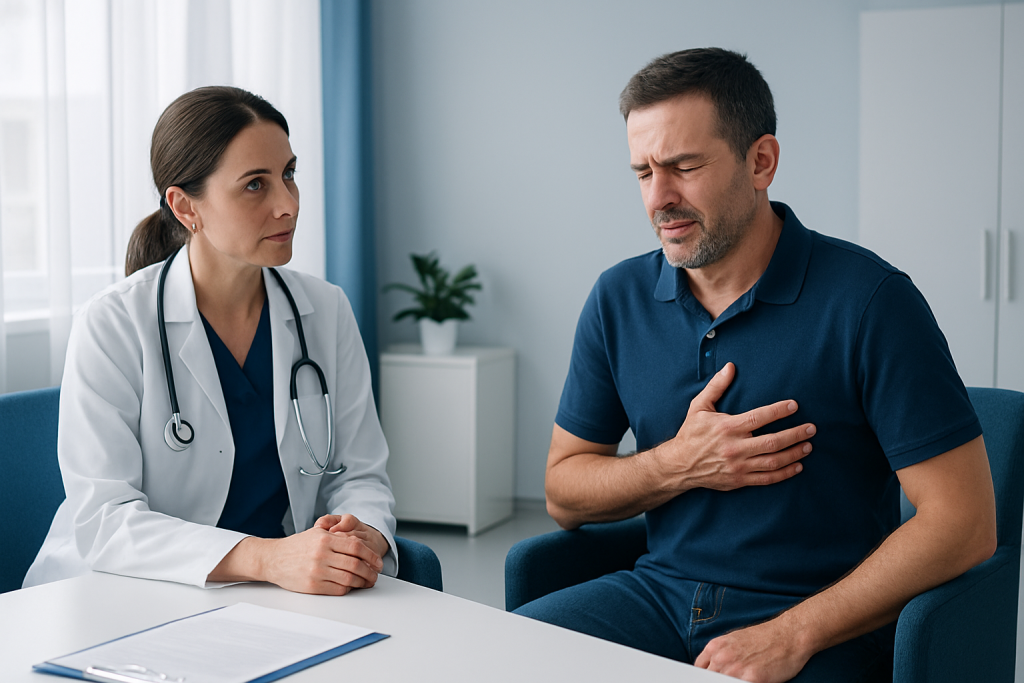 Doctor consulting with a patient experiencing chest pain in a medical office.