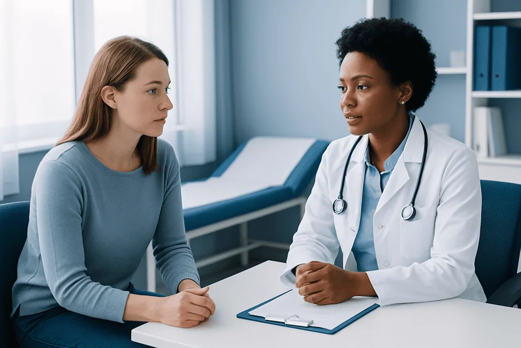 Doctor consulting with a patient about urinary health concerns.