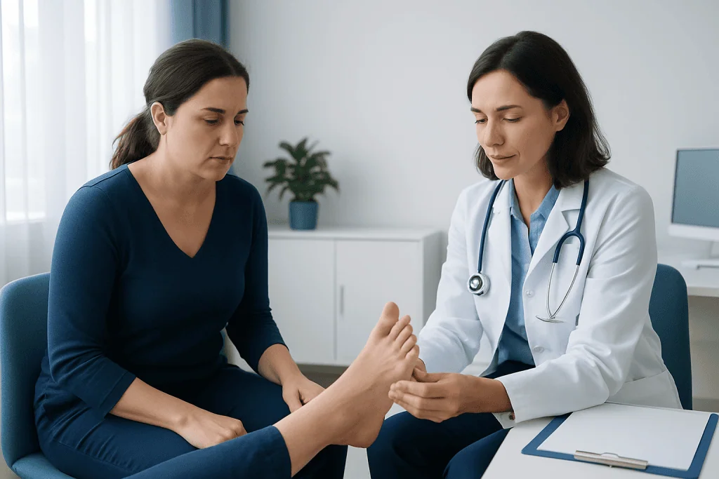 Doctor examining patient's foot in a medical consultation room.