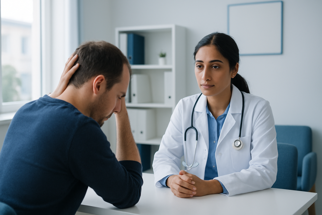 Doctor consulting with a patient about hair loss and dandruff issues.