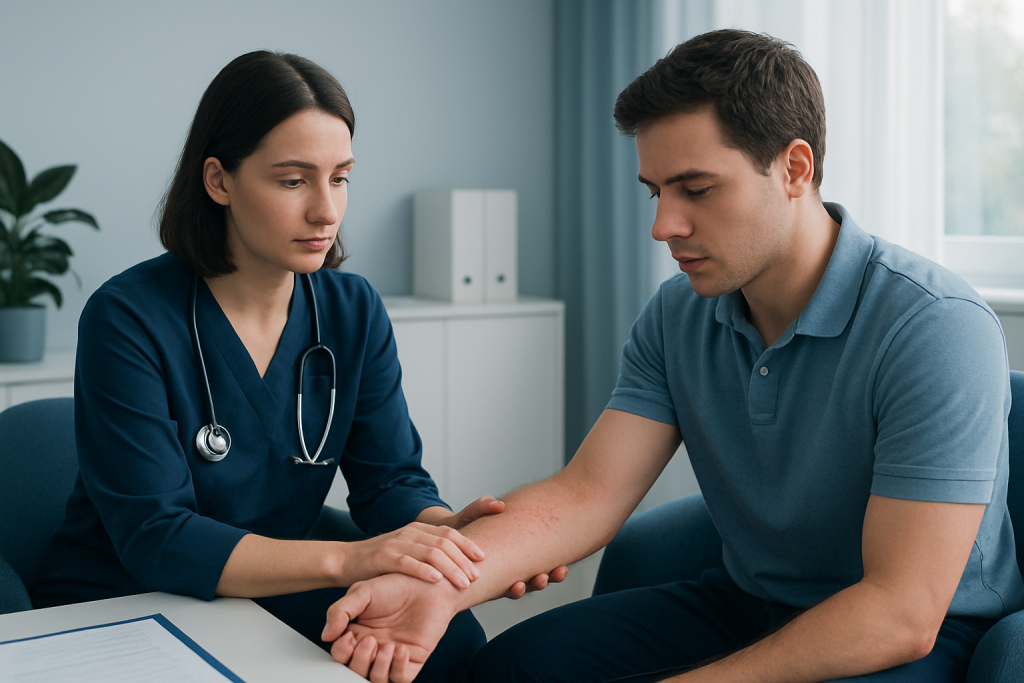 Doctor examining patient's arm in a medical consultation room.
