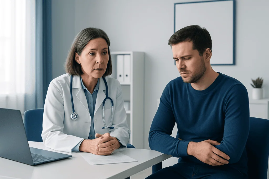 Doctor consulting with a young male patient in a medical office.