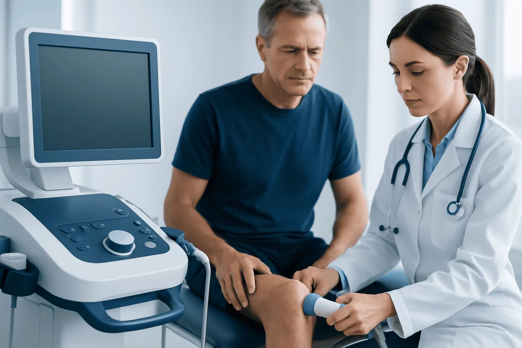 Doctor performing knee ultrasound examination on patient in clinic.