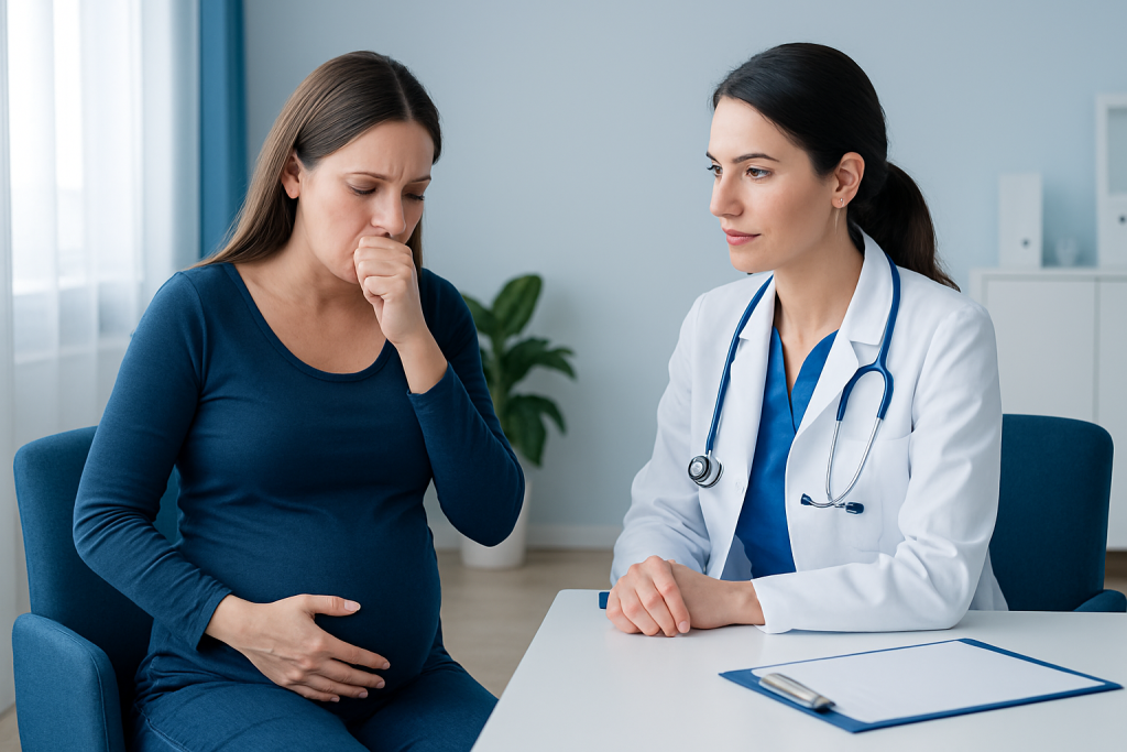 Pregnant woman consulting with doctor about nausea and vomiting during pregnancy.