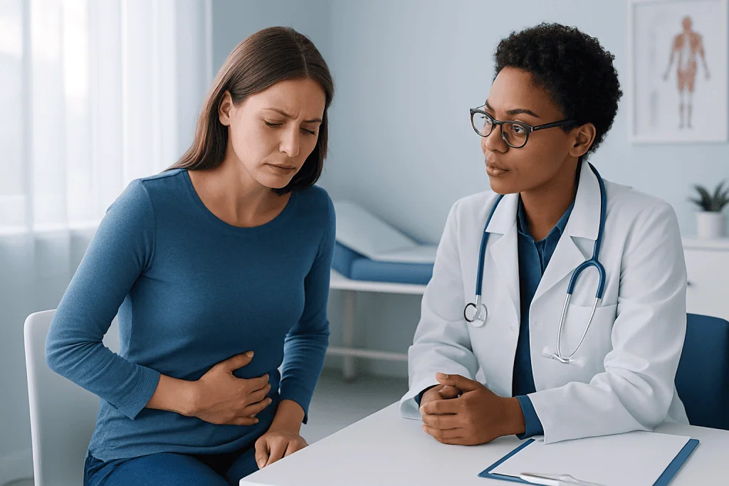 Doctor consulting with a woman experiencing stomach pain in a medical office.