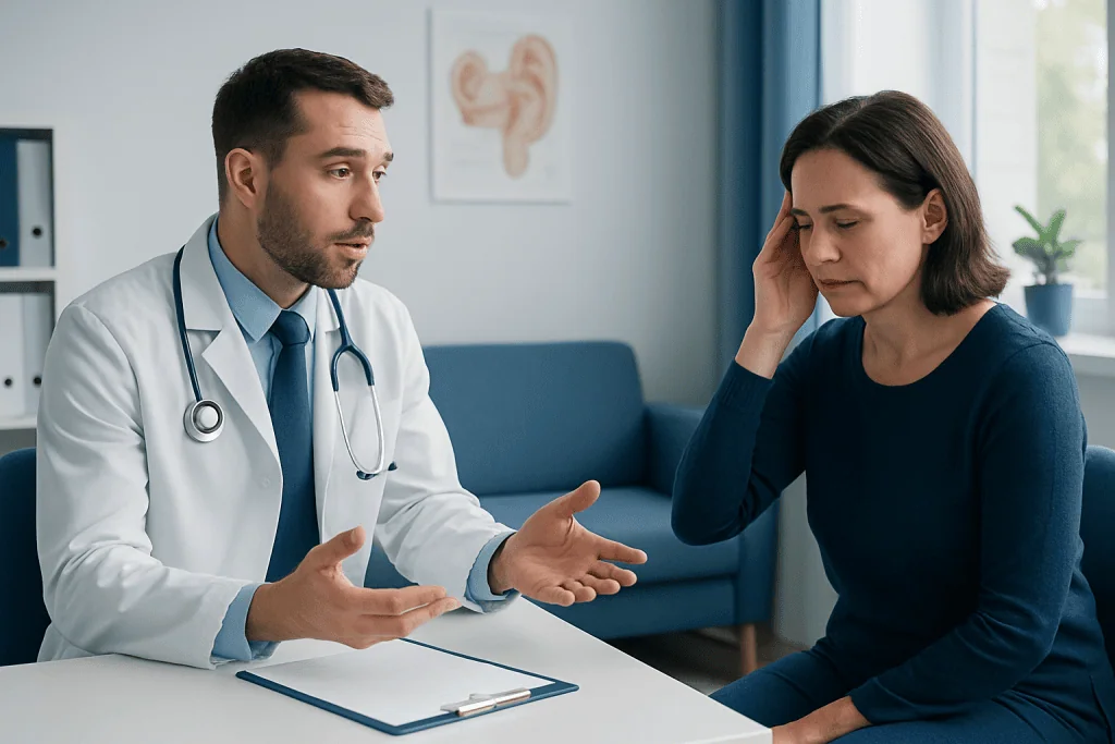 Doctor explaining ear health to a patient during consultation.