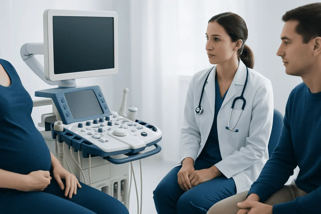 Doctor consulting pregnant woman with ultrasound machine in hospital.