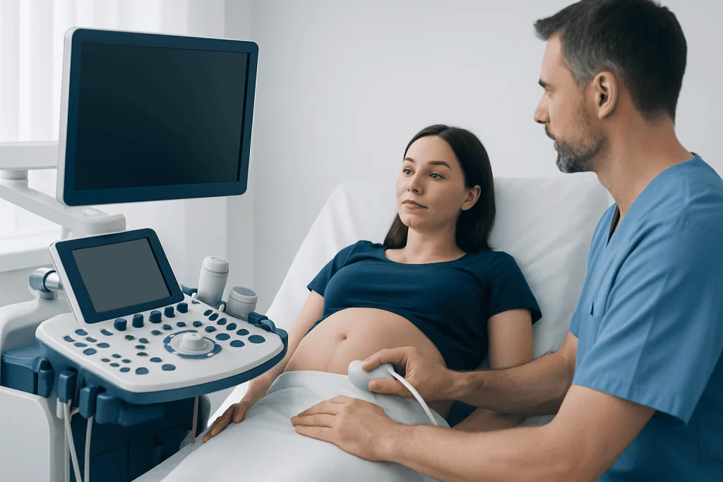 Pregnant woman having ultrasound scan at hospital with doctor.