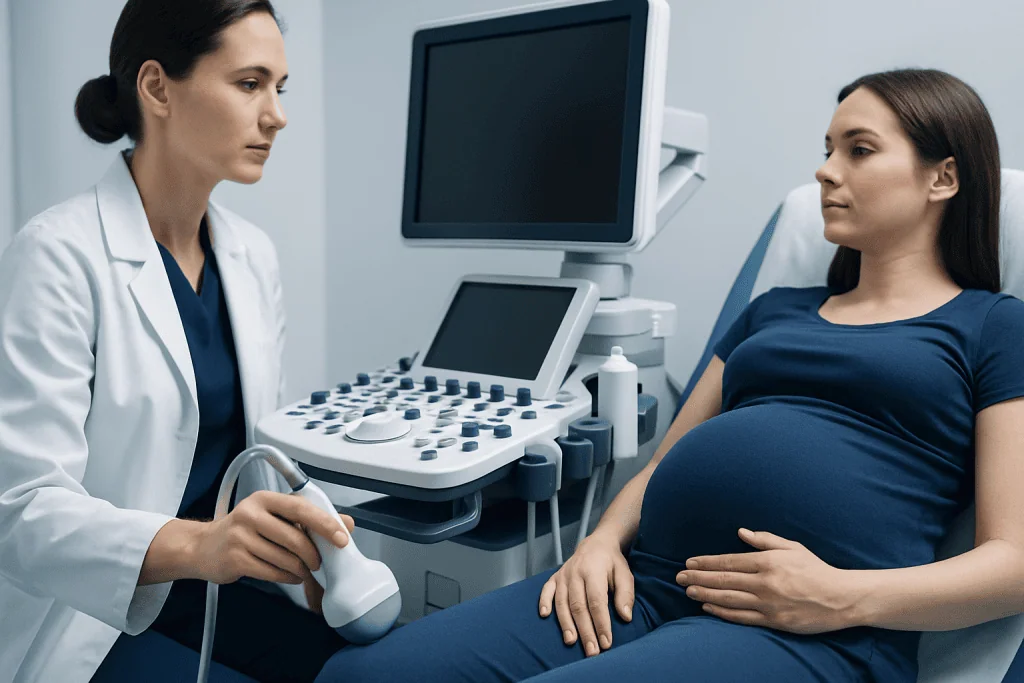 Pregnant woman undergoing ultrasound at Acibadem Hospital.