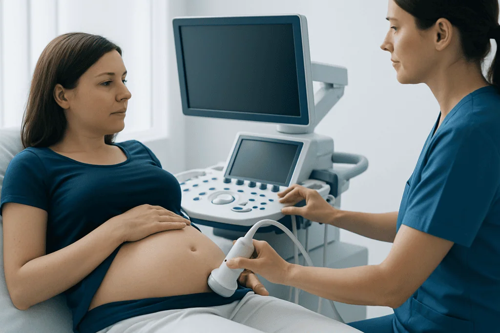 Pregnant woman undergoing ultrasound scan at Acibadem Hospital.