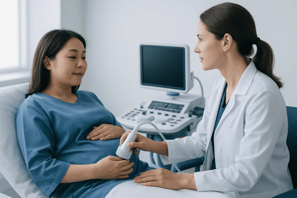 Doctor performing ultrasound on pregnant woman in hospital room.